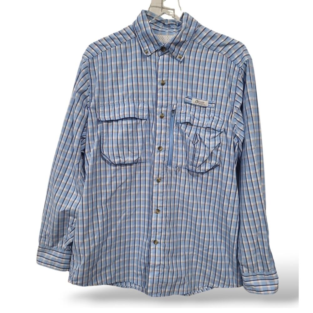 Guide Series Mens SZ Large Button Down Fishing Shirt Plaid Blue White Orange